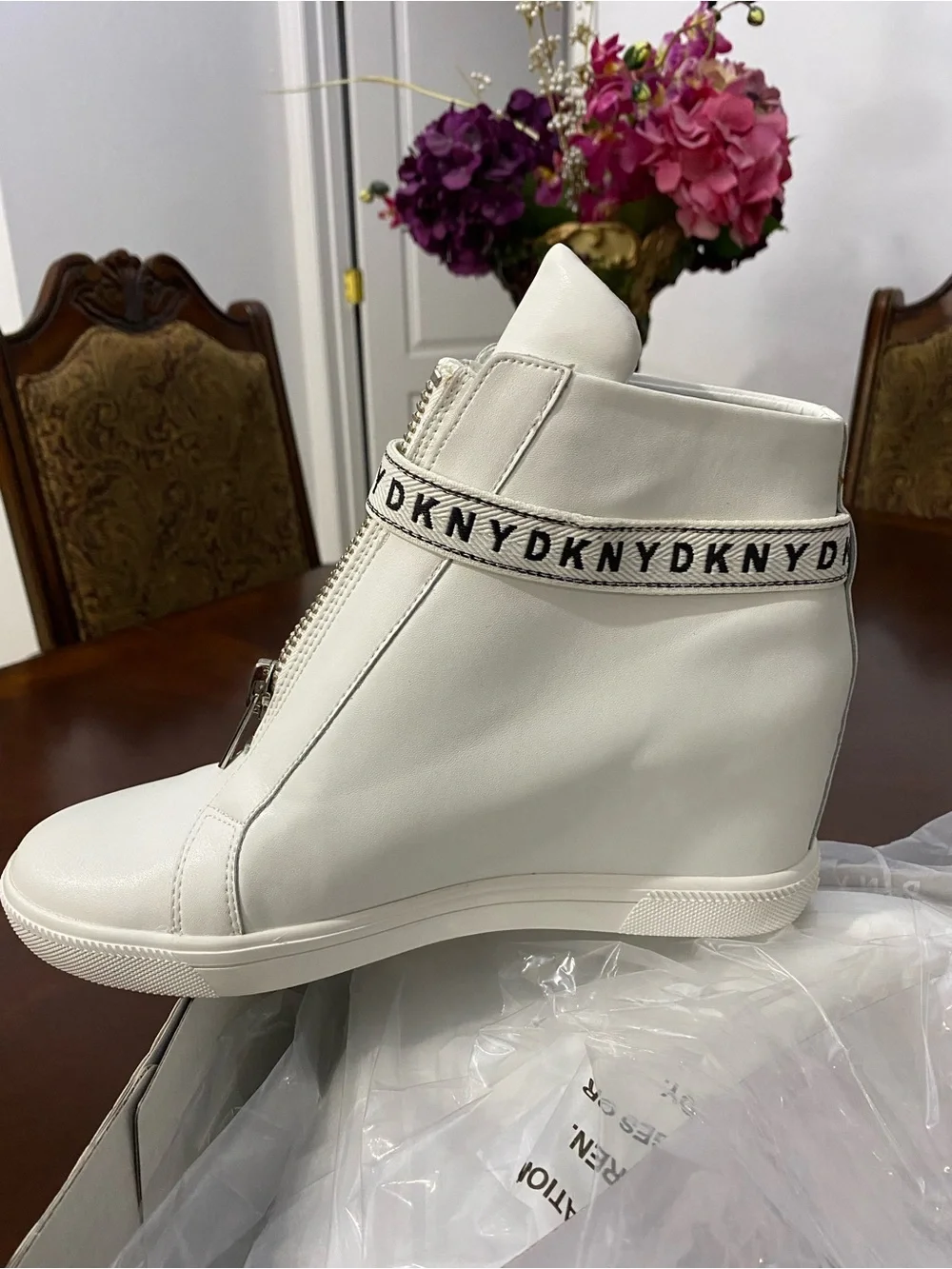 DKNY White Leather Wedge Sneaker Boot with Branded Strap